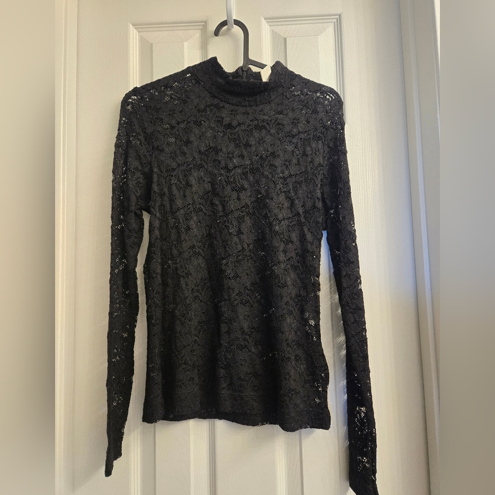 H&M Black Lace Long-Sleeve Mock Neck Top
